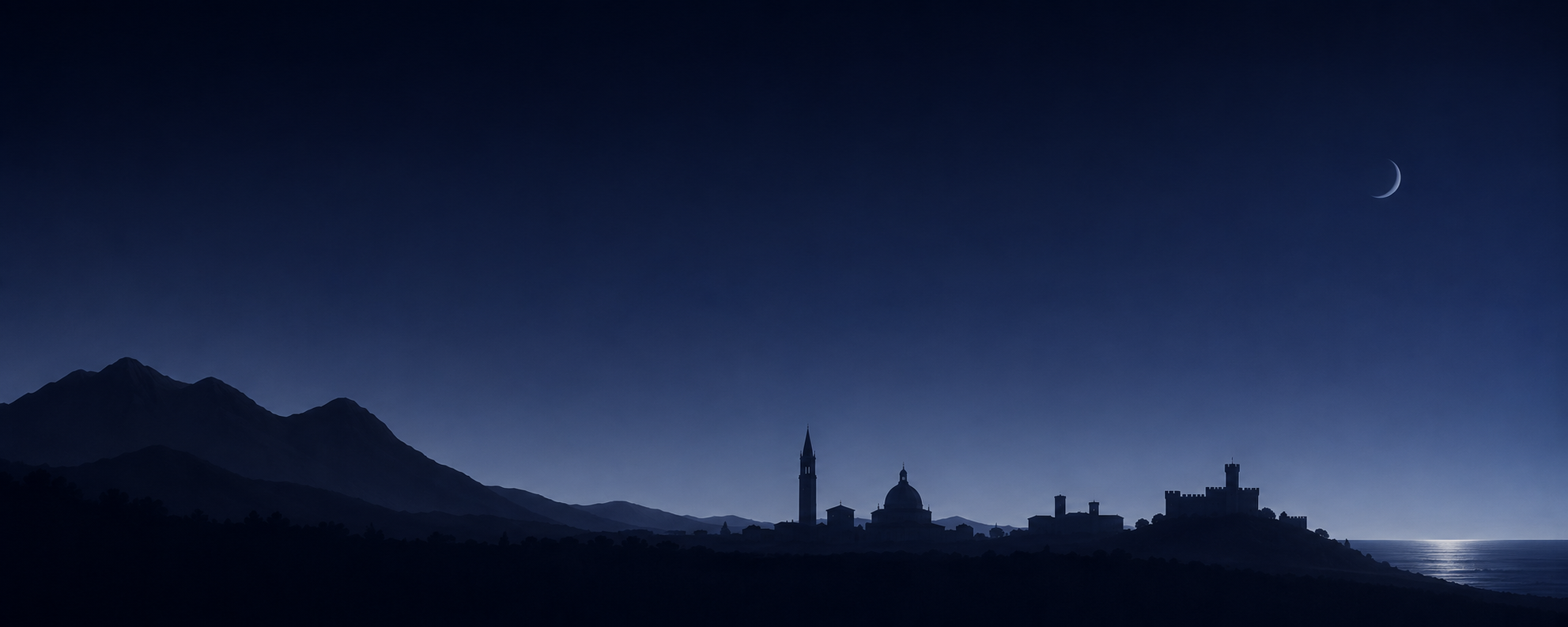 Skyline notturno della Pedemontana Forlivese — Monte Fumaiolo, Monte Falco, Forlì, Bertinoro, Cesena, Mare Adriatico